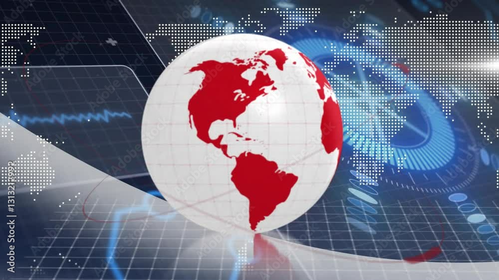 Poster animation of rotating globe with red continents on digital grid background