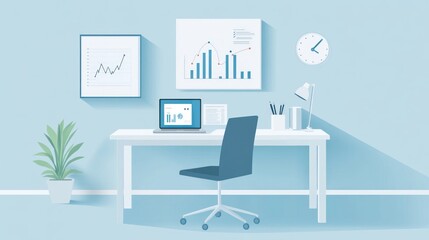 Fototapeta premium Modern office workspace with laptop, charts, and plants. Possible use Stock photo for business, productivity, or design concepts