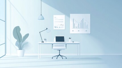 Fototapeta premium Modern office workspace, light and airy, with graphs and plants. Suitable for presentations on productivity