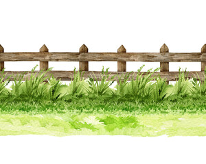 Obraz premium Fresh green grass with old wooden fence seamless border element watercolor illustration. Fresh grass countryside meadow, lawn, field landscape element isolated on white background
