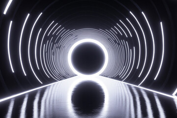 Naklejka premium White and black, background graphic with rotating neon toruses and sphere