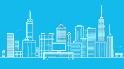Fototapeta premium Line art city skyline with computer, for workspace illustration