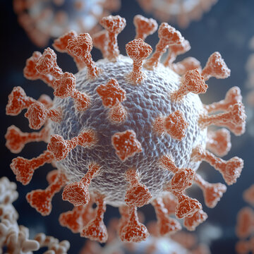 A hyper-realistic virus structure 3D render, with spiky protein details