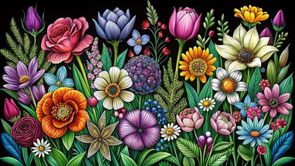 Fototapeta premium Dark Line Art Spring Flowers Clipart, Low Light Garden Botanical Illustration