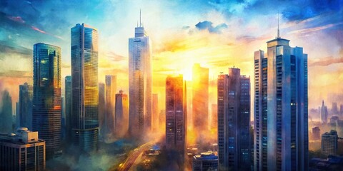 Obraz premium Dawn Watercolor Skyscrapers: Modern Cityscape Brushstrokes