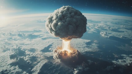 A dramatic depiction of a nuclear explosion seen from a satellite view, featuring a towering mushroom cloud with fiery and smoky details above the Earth, emphasizing its devastating scale.. AI