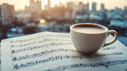 A warm coffee cup sitting on music sheets with a backdrop of a sunrise city view, blending creativity, relaxation, and the golden tones of a new day.. AI Generation