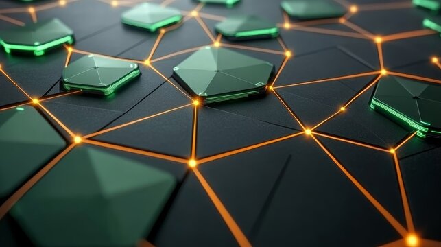 Network of connected green digital nodes on black surface, glowing