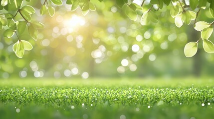 Fototapeta premium Bright Sunlight Through Green Leaves Over Lush Grass