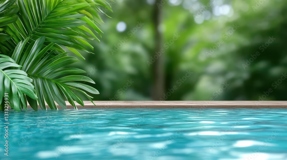 Poster serene swimming pool with palm tree in background signifying tropical relaxation and vacation vibes 