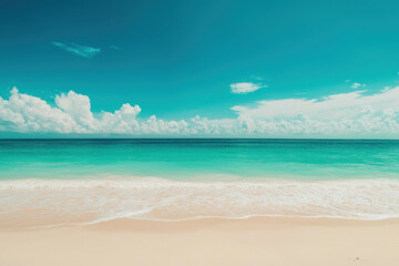 Fototapeta premium A tropical beach with turquoise water, vibrant green tones, and empty sandy area creates serene atmosphere