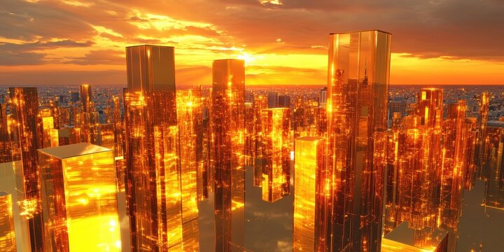 Reflective golden skyscrapers bathed in a warm and vibrant sunset