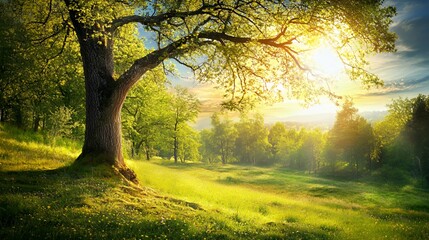 Sunlit Landscape With Lush Green Meadow And Majestic Tree