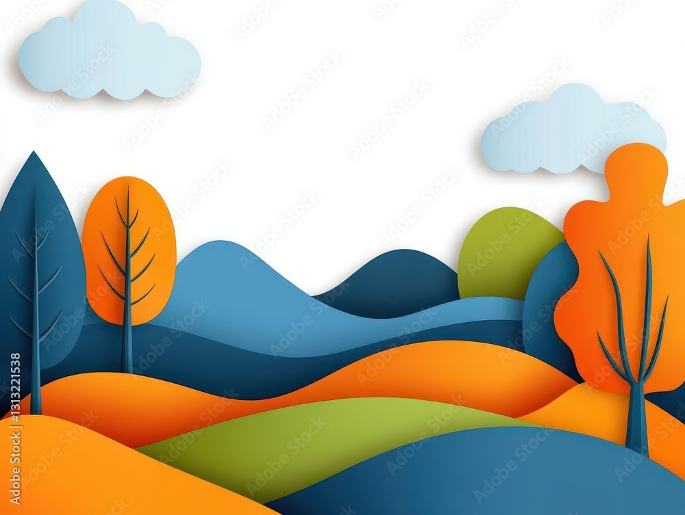 Poster scenic landscape featuring lush green trees and rolling hills under a clear sky creating a peaceful 