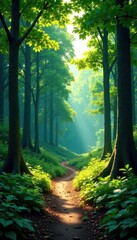 Obraz premium High angle view, vast summer forest, dappled light on ground, background, picture, high angle