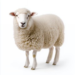 Fototapeta premium Portrait of a Fluffy White Sheep Against a Clean White Background. Soft Fleece, Thick Wool, Calm Expression.