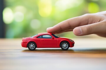 Fototapeta premium A hand gently touches a small red toy car on a wooden table with a blurred green background