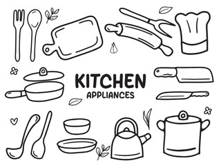 Set of icons with Kitchen Appliances theme. With doodle style. For layout, website, graphic design.