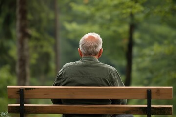 Fototapeta premium Elderly Man Sitting on Park Bench Enjoying Serene Greenery in Tranquil Setting