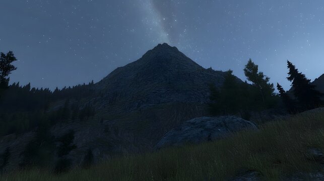 A majestic mountain peak silhouetted against a twilight sky, dotted with stars and a faint milky way. Dark coniferous forest surrounds the base of the mountain, creating a serene, nighttime landscape.