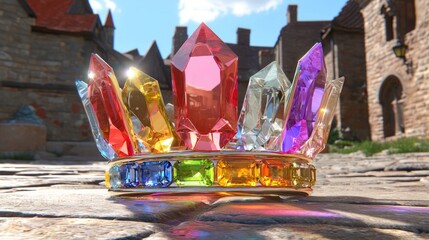 Fototapeta premium Regal crown with colorful gems medieval castle 3d render bright daylight close-up fantasy concept