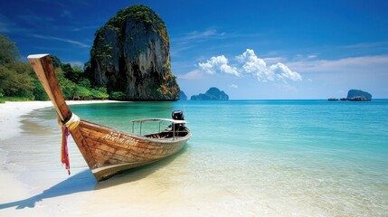 Obraz premium Serene Beach Landscape with Traditional Boat and Rocky Island View