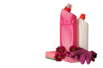 Spring cleaning, bottle of detergent, gloves, cleaning rags and flowers isolated on white background, space for text, PNG