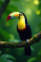 Naklejka premium Keel-billed toucan resting on mossy rainforest branch , tropical, natural habitat, jungle scene