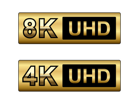 8K 4K Ultra HD sticker label ,High definition label. 8K 4K Gold UHD symbol, resolution monitor screen color mark, UHD 3840p video icon ,realistic shiny and glossy Vector isolated on white background.