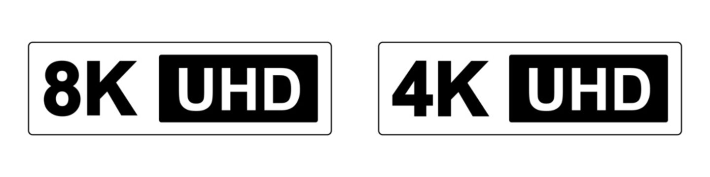 8K 4K UHD sticker label ,High definition label. Black Ultra HD symbol, 8K 4K resolution monitor screen color mark, UHD 3840p video icon ,outline Vector isolated on white background.