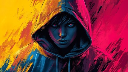 A person in a hoodie with expressive eyes stares forward