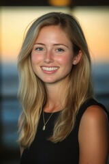 Obraz premium Golden Hour Portrait: A Stunning Blonde Woman with a Warm Smile