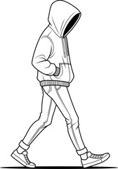 A vector illustration of a person walking with hands in pockets, wearing a hoodie, jeans, and sneakers, with the hood obscuring their face, creating a mysterious and casual look