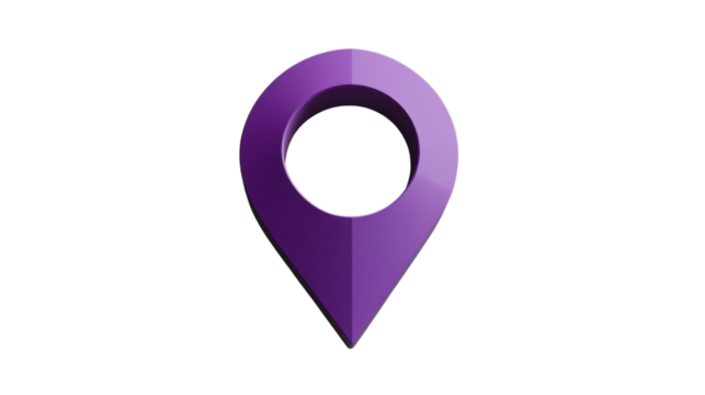 Purple location pin icon showing a specific place on transparent background