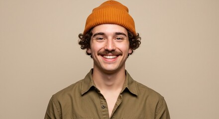 Happy gen Z young man with mustache wearing khaki blouse and orange beanie smiling at camera. Studio shot, beige background.

