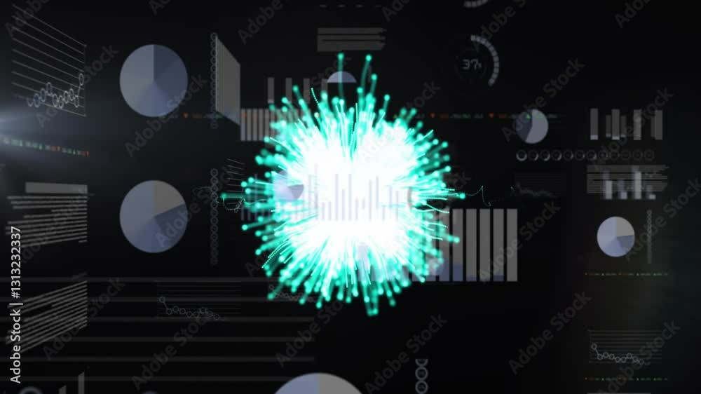 Poster in school, child watching animation with glowing teal lines creating dynamic pattern