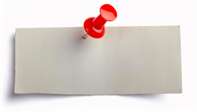 white note paper in rectangle shape with red pin on white background