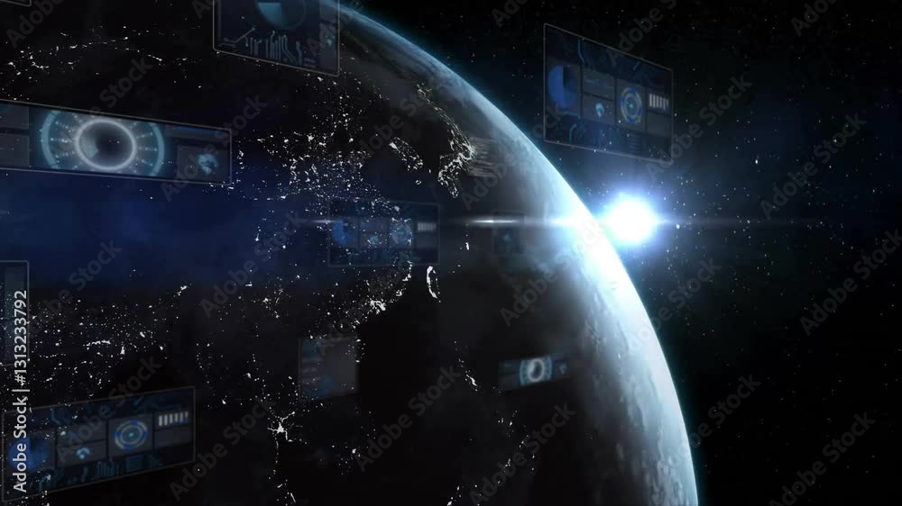 Sticker digital data panels with earth animation and glowing sun in space background