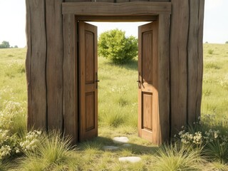 Rustic wooden door ajar, verdant meadow backdrop, exterior, beginning, journey