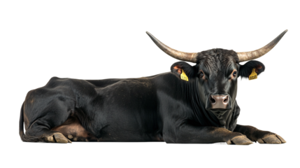 Black bull cow with big horns lying isolated on transparent background, representing a fierce and strong animal, symbolizing aggression and power in cattle.