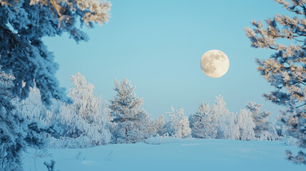 a clear blue sky with a full moon in snow land 