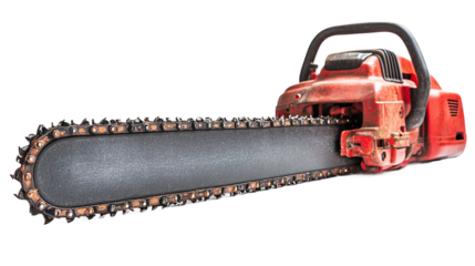 Closeup of a red chainsaw isolated on transparent background, representing an industrial tool for cutting, perfect for showcasing power and rugged machinery.