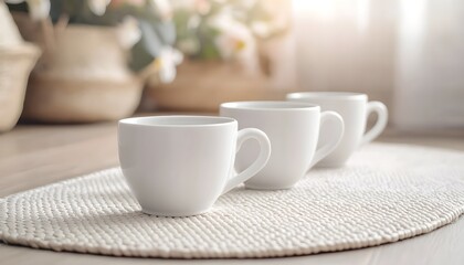 Fototapeta premium Three White Coffee Cups Resting On A Placemat