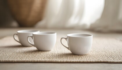 Three White Coffee Cups On A Beige Mat