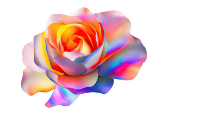 Iridescent rose blooming with vibrant rainbow colors on transparent background