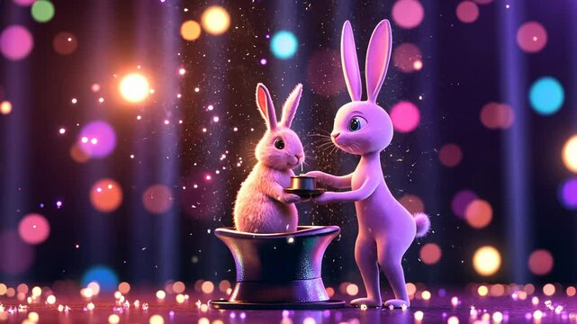 Enchanted Bunny Magic Show: A whimsical 3D render of two adorable bunnies performing a magic trick on a sparkling stage, filled with wonder and enchantment.