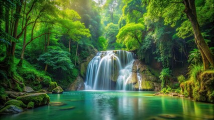 waterfall amidst lush green forest, serene and peaceful atmosphere
