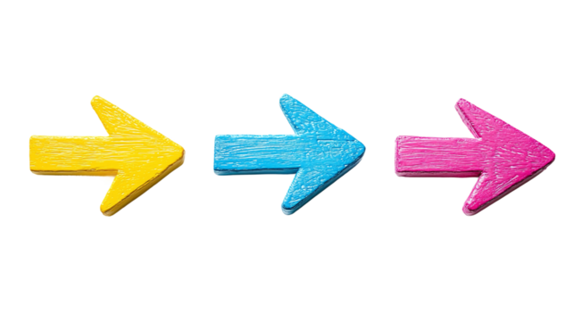 Group of three arrow symbols in blue, yellow, and pink, isolated on transparent background, representing directions, navigation, and movement, ideal for graphic design elements.