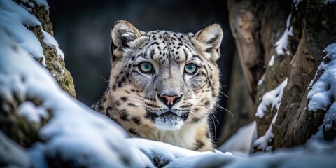 Fototapeta premium Snow leopard blending into dark environment, wild predator hiding