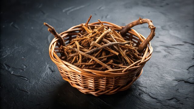 Indian Madderwort Root in Brown Basket on Black Surface, medicinal herb, madder root,  medicinal herb,madder root